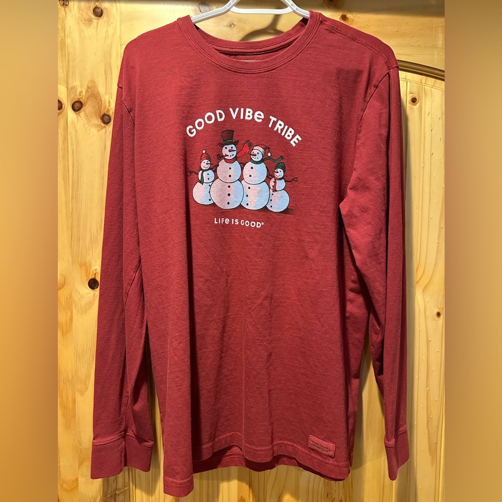 Life Is Good Red Snowman Long Sleeve Christmas Tee